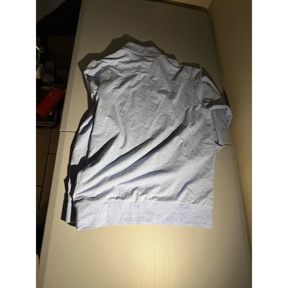 Travis Mathew Mens Blue Heathered Quarter Zip Pullover Chest Stripe Large NWT